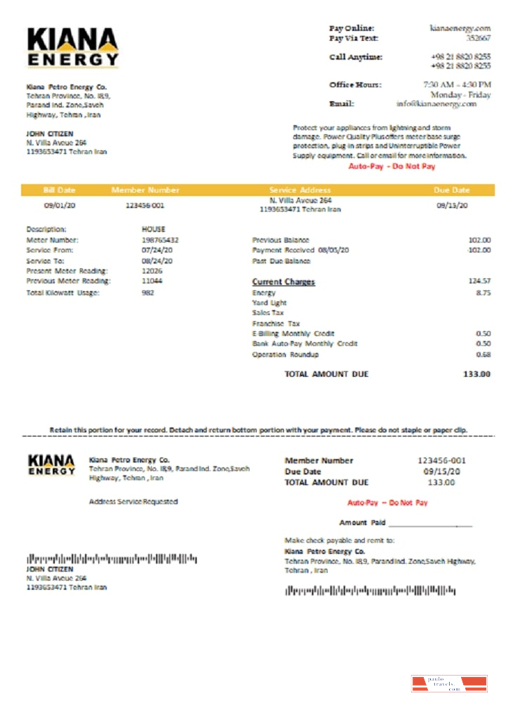 Iran Kiana Petro Energy Co utility bill